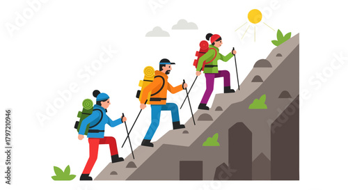 Trekking Adventure: A Group of Hikers Climbing A Mountain Toward Sunlight