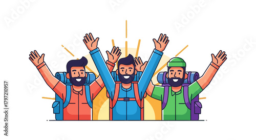 Trekking Group Celebrating Victory With Arms Raised Against the Backdrop Display