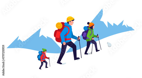 Trekking Family Ascends Snowy Peaks in Silhouetted Adventure Against a Black Backdrop