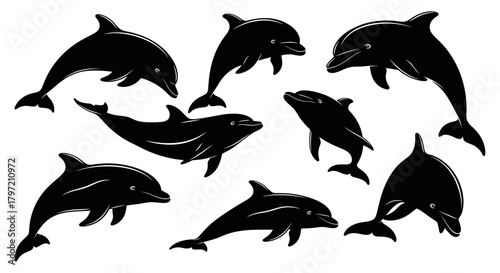 A versatile set of black dolphin silhouettes depicting various swimming and jumping poses of the aquatic mammal