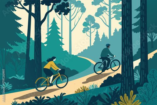-couple-cycling-on-forest-road-surrounded-by-tall-.eps