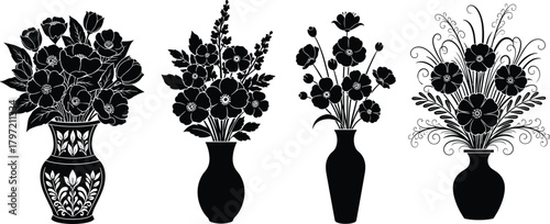 Elegant flower vase silhouette collection, decorative floral arrangement vector illustration, black botanical design for home decor and graphic art