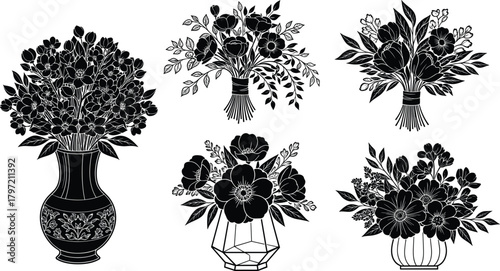 Elegant floral vase and bouquet silhouette collection, decorative flower vector illustration, botanical black design for home decor and craft