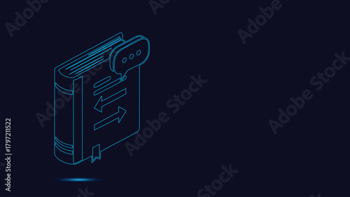 Neon Blue Isometric Book Icon Featuring a Speech Bubble and Transfer Arrows Representing Knowledge Exchange Learning Feedback or Information Flow Concept