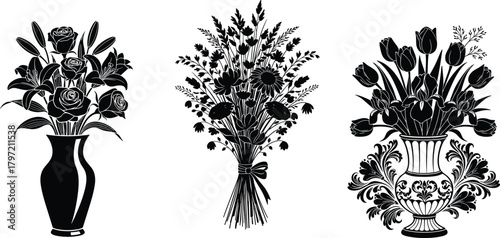 Elegant floral vase and bouquet silhouette collection, decorative flower vector art, botanical illustration design for home decor and crafts