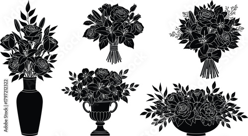 Elegant black flower vase and bouquet silhouette collection, floral arrangement vector design for art, decor, pattern, and digital illustration