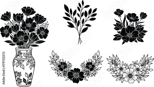 Elegant black floral vase and botanical silhouette collection, flower arrangement vector set, decorative nature design for art, print, and decor