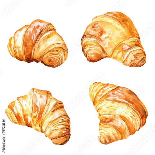 A minimal layout design, a Watercolor painting of a croissant set, delicately hand-painted with artistic brush strokes, white background, vector EPS