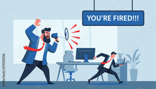 You're Fired! Boss Shouting at Employee through Megaphone in Office Setting. 
