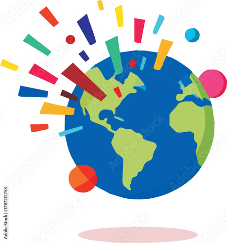 Vibrant world globe with colorful celebration, perfect for events, education, and global awareness campaigns needing a modern, eye catching design element