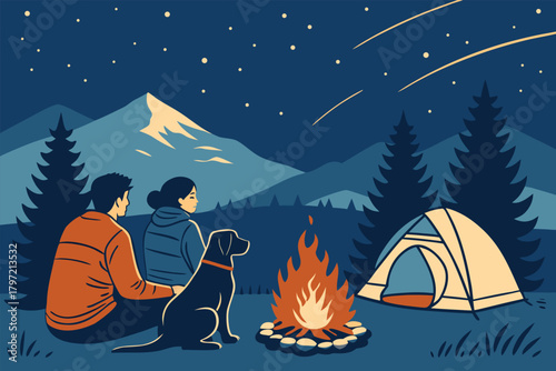 Romantic couple enjoys peaceful campfire, loyal dog, and breathtaking starry night sky outdoors.
