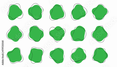 Set of 15 Abstract Green Blob Shapes: Organic Forms with Hand-Drawn Outline. 