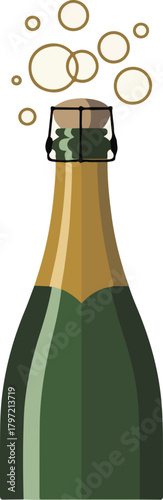 Popping champagne bottle vector illustration with cork flying and celebratory bubbles for festive occasions