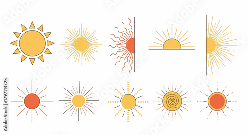 Radiant Suns Diverse Vector Sun Icons with Golden Rays and Sunlight Effects