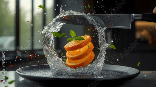 Dynamic Splash of Water Around Sliced Orange and Knife
