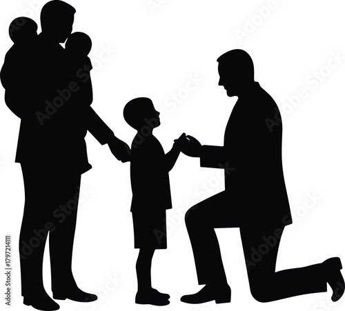 Family love and bonding silhouette, father holding baby, man proposing to child, parenting, care, relationship, trust, unity concept illustration