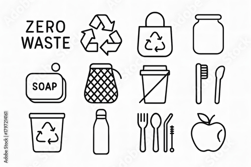 Zero Waste: A curated collection of symbols and icons that are promoting eco-conscious living, showing reusable shopping bag, soap and tumbler and more