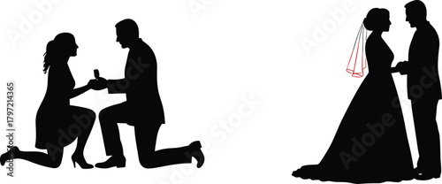 Romantic couple proposal and wedding silhouette, man proposing with ring, bride and groom ceremony illustration, love and marriage concept design
