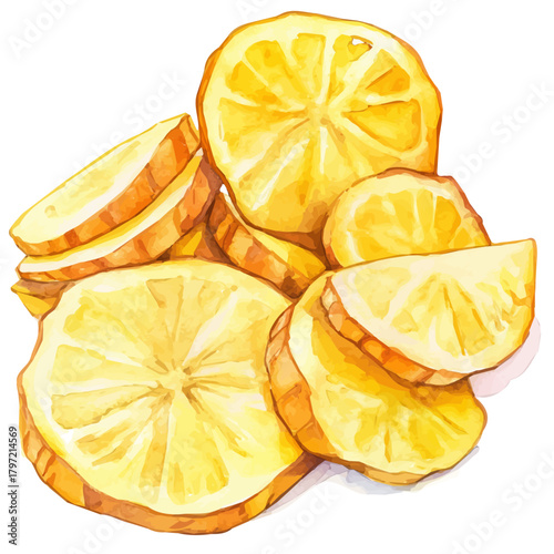 Watercolor type, An Imaginary Minimalistic 2D flat icon ginger slices, modern element in vector and EPS format, isolated on a white background, Simple illustration