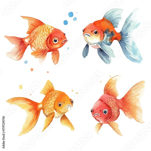 Watercolor type, An Imaginary Minimalistic 2D flat icon goldfish set, modern element in vector and EPS format, isolated on a white background, Simple illustration