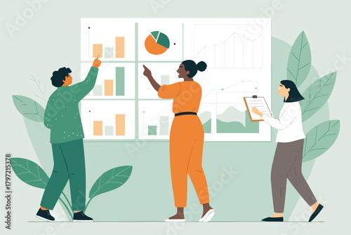 Diverse team collaborating, analyzing financial report charts pinned on a modern office wall.