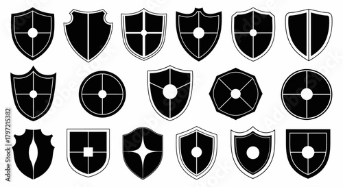 Diverse Shield Vector Set Emblem Designs for Security, Protection and Heraldry