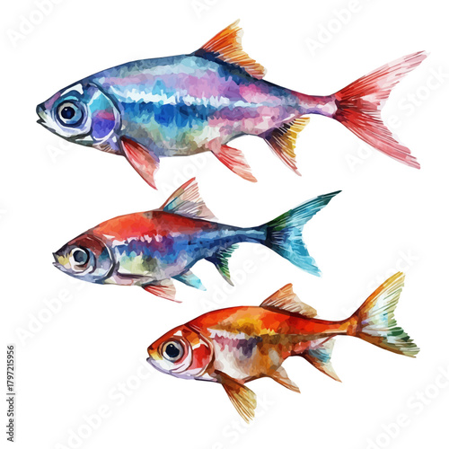 Minimal yet artistic elements for creative designs. EPS format, isolated on a white background, painting design, hand-drawn paint, Simple Illustration, A beautiful painting of neon tetra fish