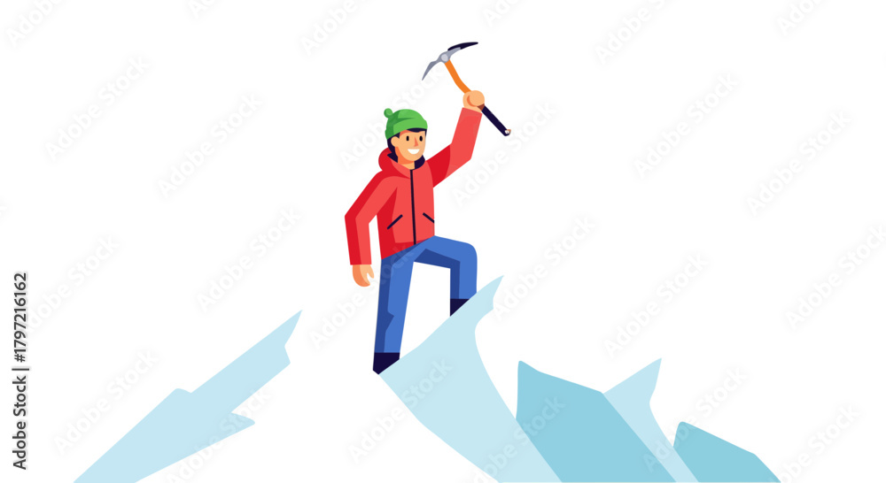 Obraz premium Triumphant Climber Holding Ice Axe At Summit Conquering Mountain Peak Vector Illustration