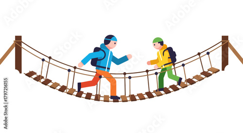 Two Figures Traverse Rope Bridge, Illuminated Against Stark Black Backdrop