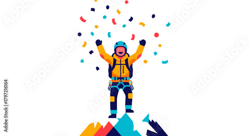 Triumphant Climber on the Summit Celebrates the Extraordinary Mountain Ascent with Joyful Confetti