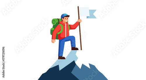 Triumphant Climber Reaching Summit Proclaiming Victory With Proud Flag Display