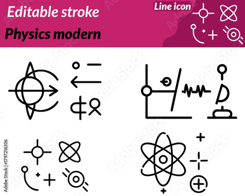 physics modern set line icon electromagnetism and mechanics. Ideal for educational apps research institutions technology brands and science materials. The design symbolizes knowledge innovation.