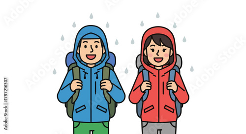 Two Happy Hikers Trekking Through Rain, Enjoying Outdoor Adventure in Nature