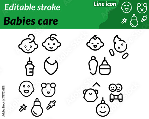 A gentle babies care icon character featuring a cute. smiling baby wrapped in soft blanket with rounded. friendly shapes that express warmth and safety.Surrounding elements like a heart pacifier milk.