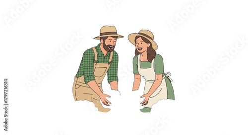 Two Gardeners Smiling and Working Together in Green Overalls and Hats on Black Background