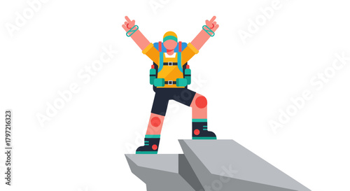 Triumphant Hiker Celebrates Success Reaching Summit After Challenging Climb Adventure