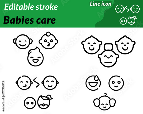 A gentle babies care icon character featuring a cute. smiling baby wrapped in soft blanket with rounded. friendly shapes that express warmth and safety.Surrounding elements like a heart pacifier milk.
