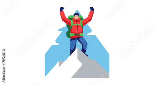Triumphant Hiker Celebrates Success Reaching Summit Against Dramatic Mountain Landscape