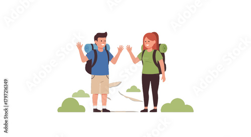 Two Happy Hikers Waving With Backpacks Prepare For Hiking Adventure Together