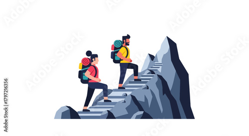 Two Hikers Ascending Rocky Mountain, Embracing Challenge and Reaching the Summit.