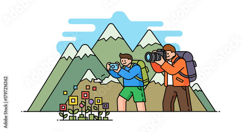Two Hikers Capturing Scenic Landscapes With Cameras Against Mountain Background
