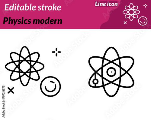 A sleek and modern physics icon character. Featuring an atom with orbiting electrons a wave symbol and a lightning bolt to represent. Energy motion and scientific principles. Clean geometric lines.