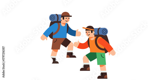 Two Hikers Climbing Together Depicting Friendship And Adventurous Journey