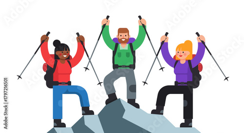 Triumphant Hikers Celebrating Mountain Summit Success Against Dark Background