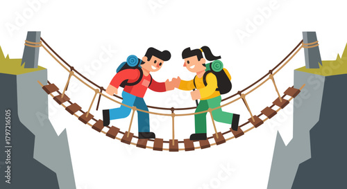 Two Hikers Help Each Other While Traversing a Bridge Across a Dark Canyon