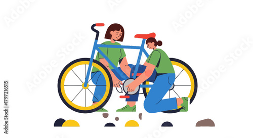 Two Individuals Repairing a Bike, Focused on Teamwork and Bicycle Maintenance Illustration