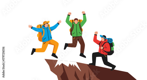 Triumphant Hikers Celebrating Their Mountain Summit Victory Amidst the Silhouette