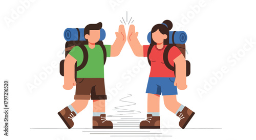 Two Hikers Giving High Five Celebrating The Partnership After Reaching The Summit