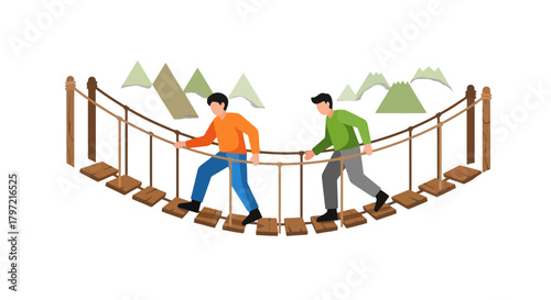 Two Individuals Navigating a Suspension Bridge Demonstrating Partnership and Perseverance