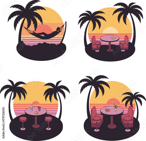 Tropical sunset beach scene illustration with palm trees, relaxing hammock, ocean view dining table, summer vacation paradise, romantic evening vibes